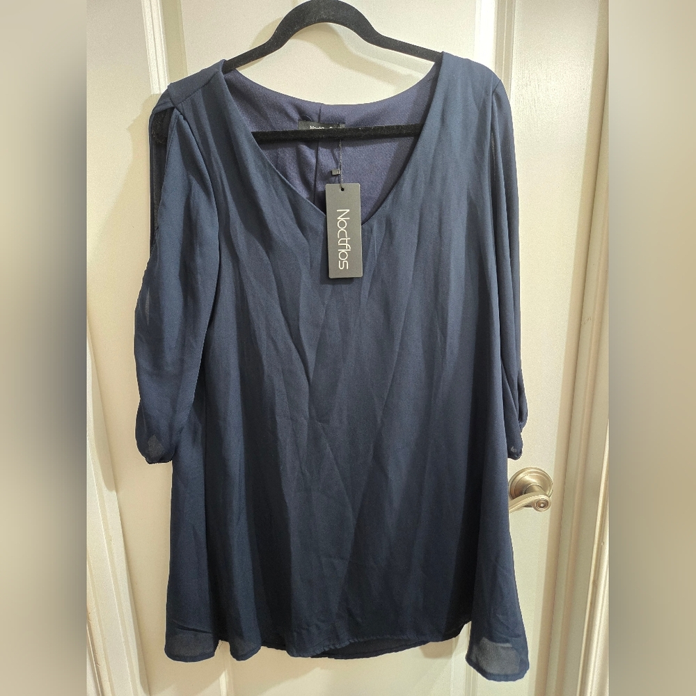 NWT Women M Cold Shoulder Midi Dress Blouse Lined Open Slit Arms Navy Blue Knee